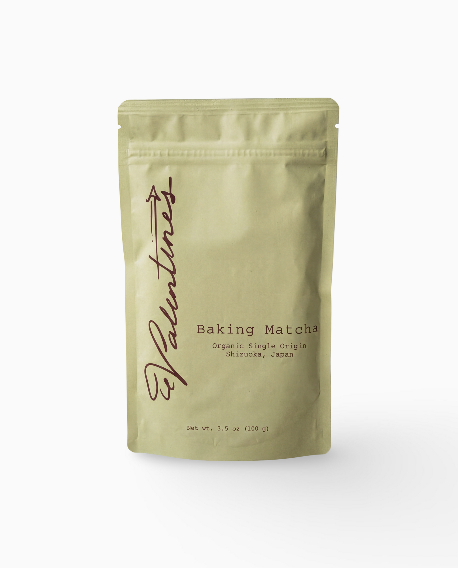 baking matcha powder package in matte resealable pouch on white background