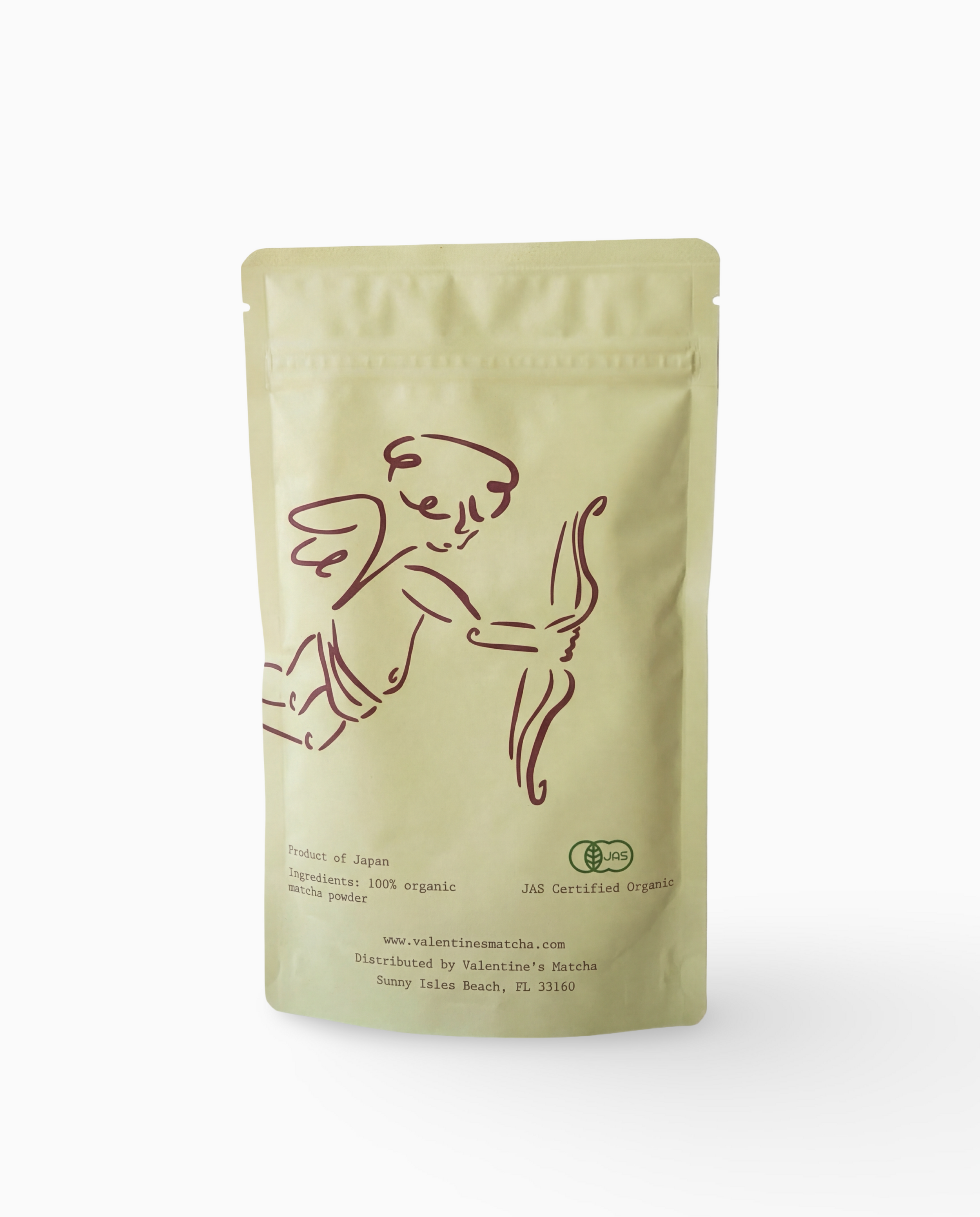 organic baking matcha powder in resealable pouch with cherub illustration on white background