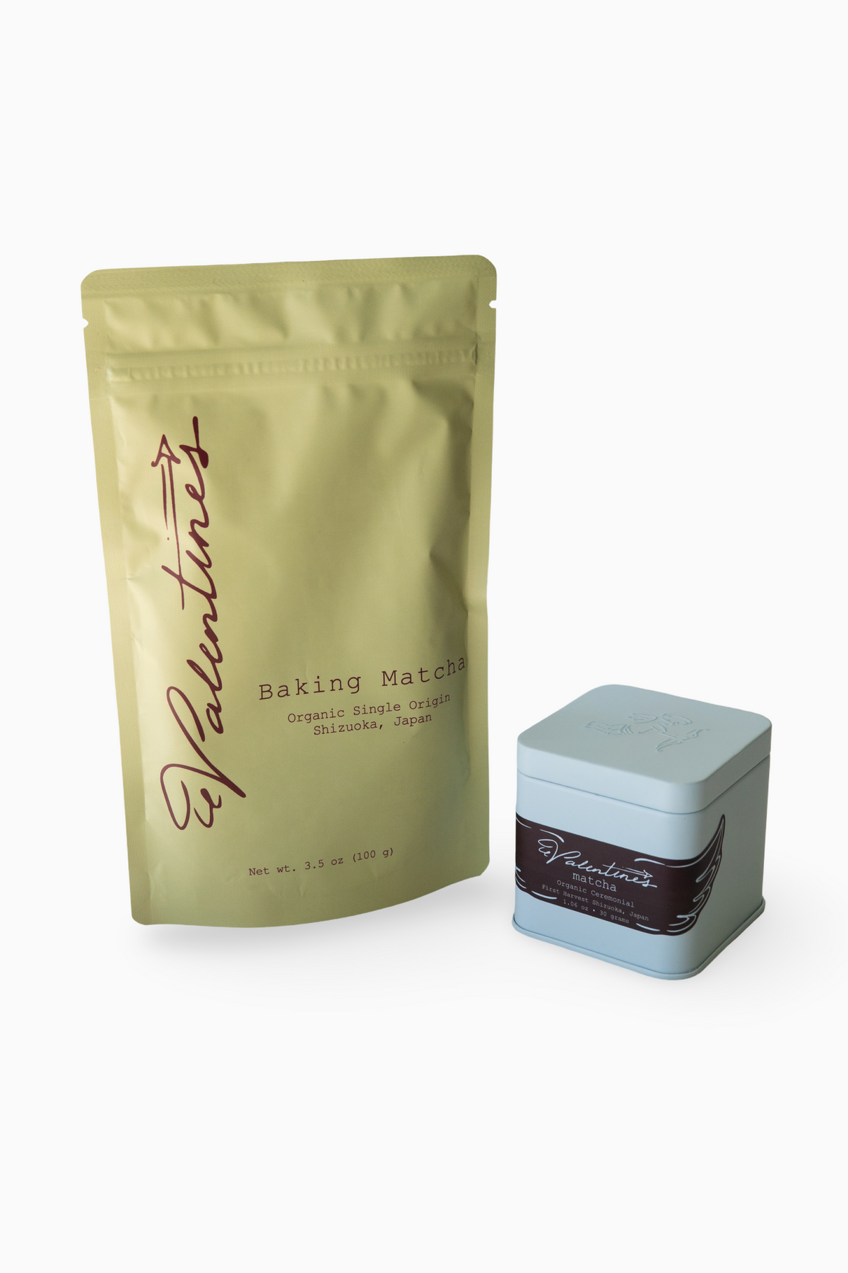 baking matcha pouch and ceremonial matcha tin displayed side by side on white background