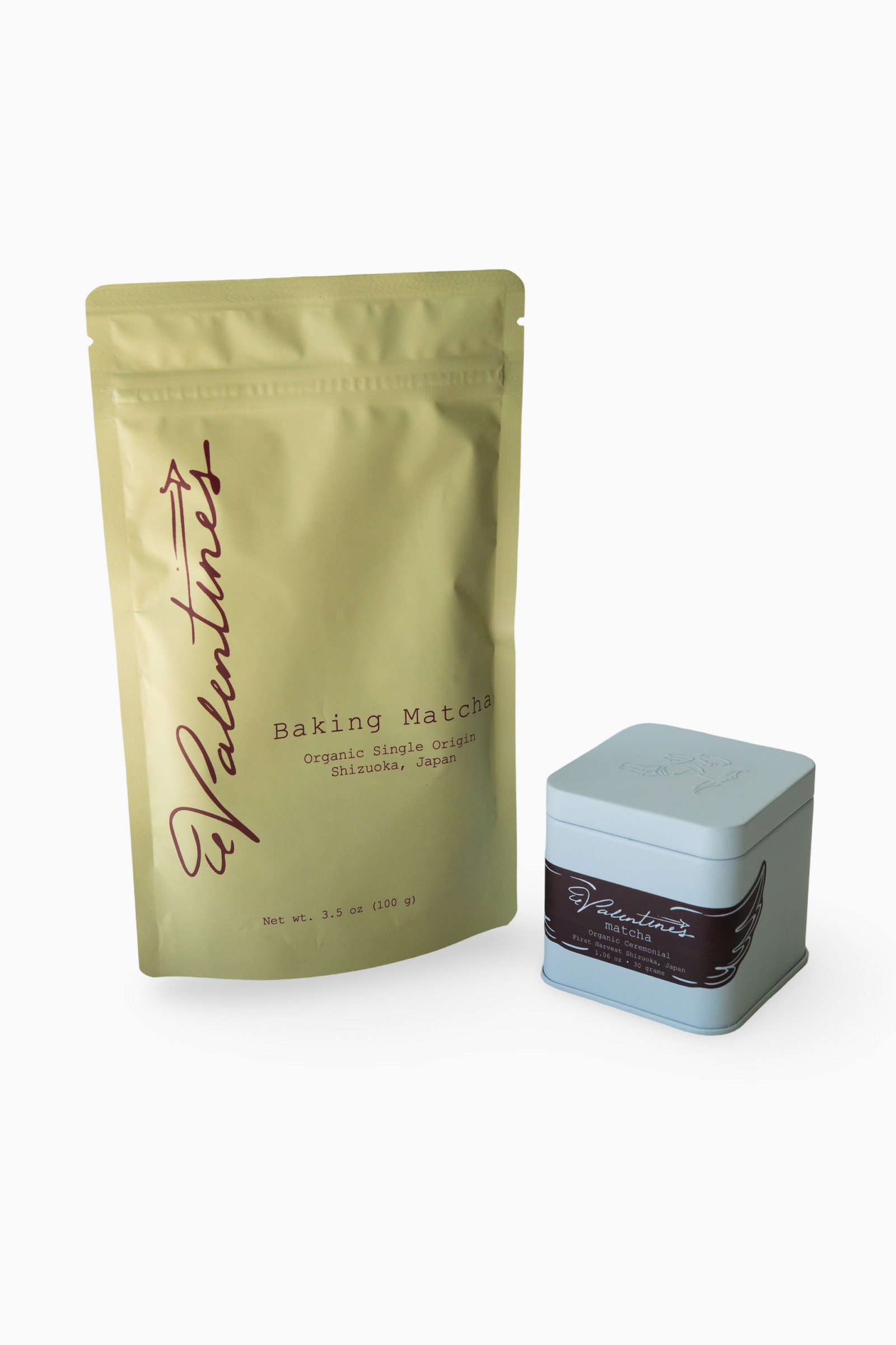 baking matcha pouch and ceremonial matcha tin displayed side by side on white background